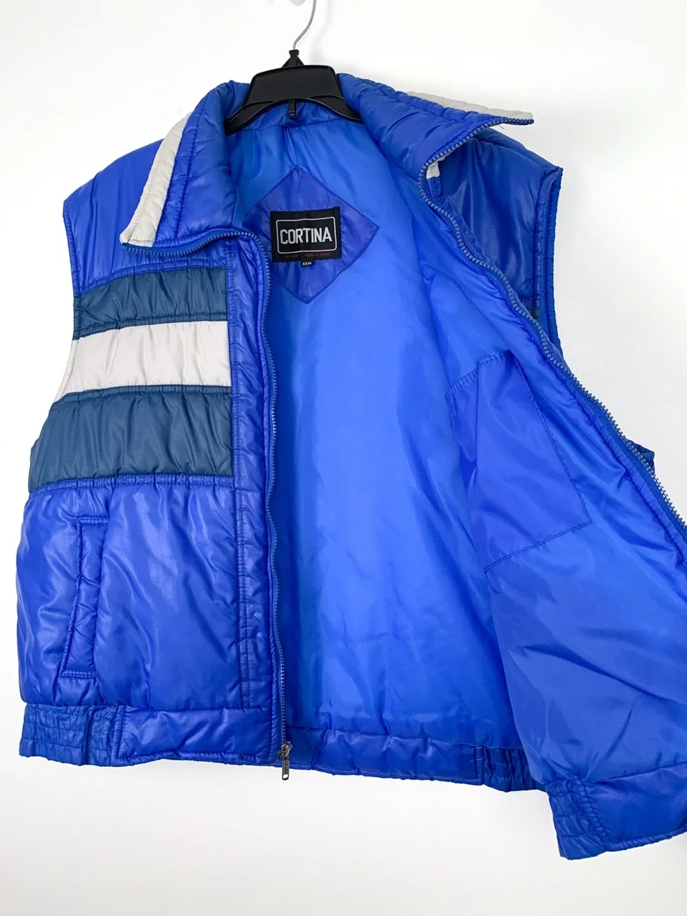 Vintage 80s puffer vest by Cortina blue navy & light gray stripes size XXXL